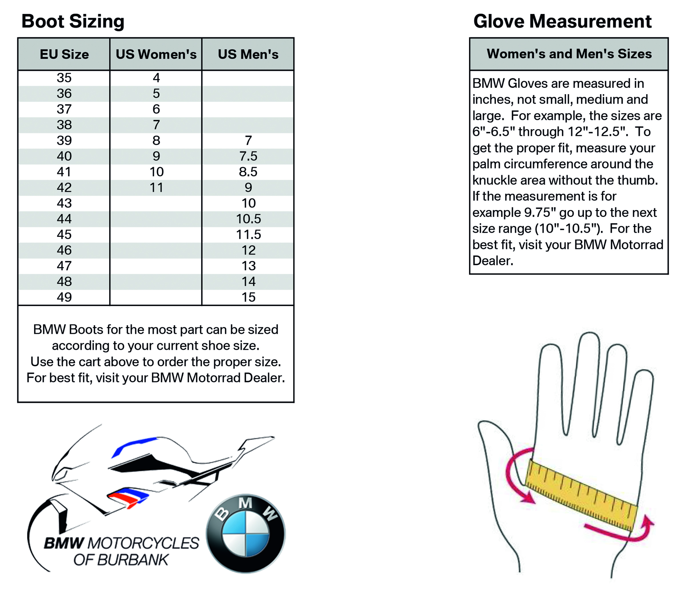 Size Chart BMW Motorcycles of Burbank California